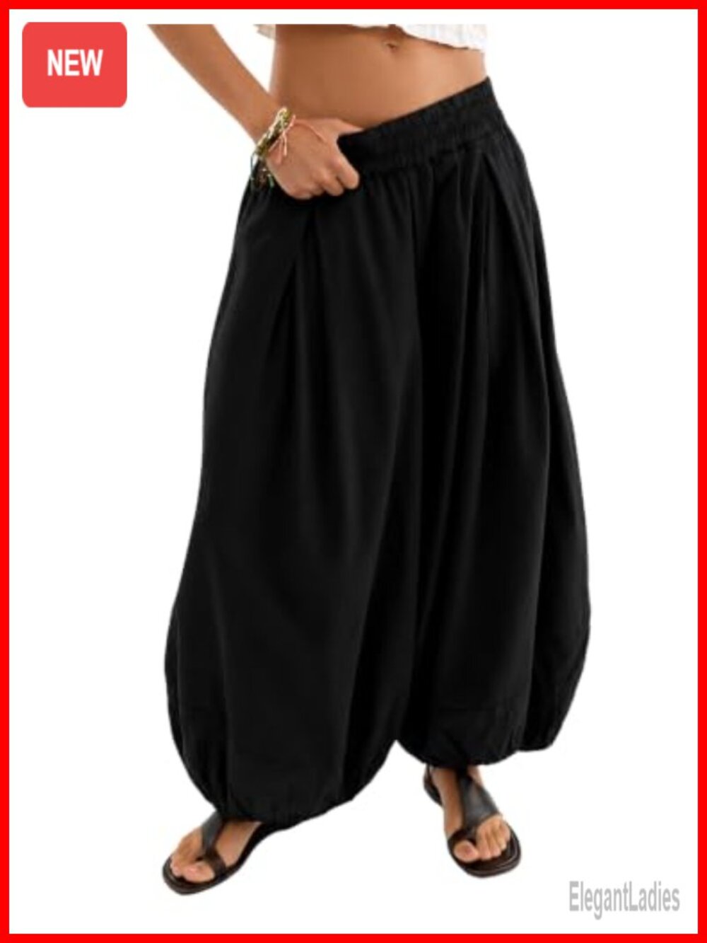 Womens Balloon Pants Mid Rise Wide Leg Baggy Trousers Pull On